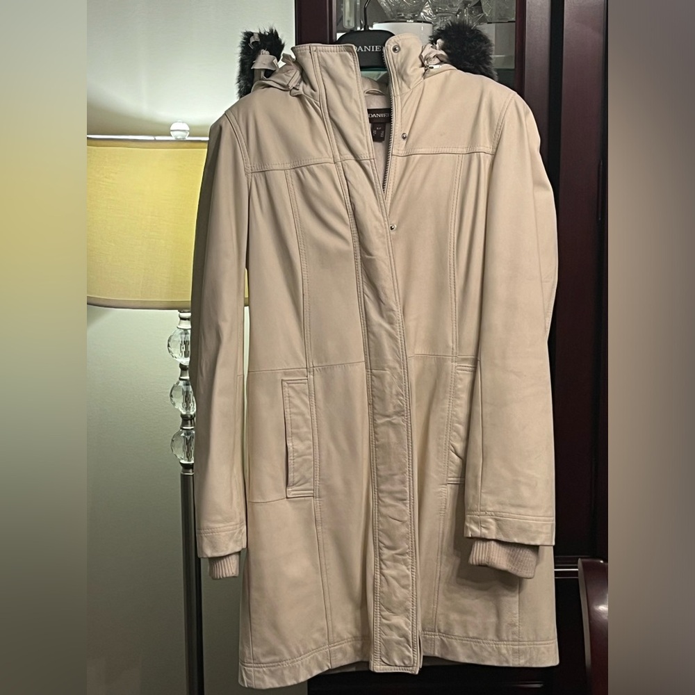 Danier Leather Cream Coat with Fur Trim